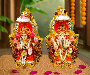 Cyan Creation Clay Laxmi Ganesh Vastra Pair Mitti/Terracotta /Clay Murti Idol for Diwali Pooja Decorative Showpiece  -  14.5 cm