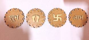 MRIYANGNI WOODEN SUBH, SWASTIK, LABH 4 Pcs Decorative Showpiece  -  5 cm