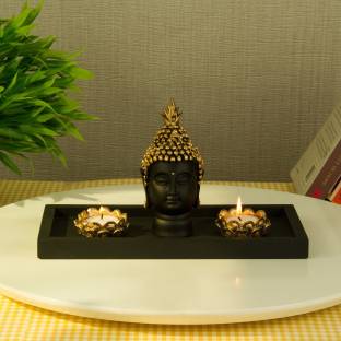 TIED RIBBONS Lord Gautam Buddha Head Face Statue With Wooden Tray & Tlight Candle Holder Decorative Showpiece  -  16 cm