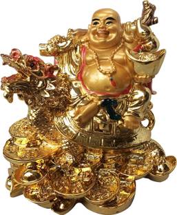 Ehatti Laughing Buddha Sitting on Dragon & Coins with Ingot Potli Decorative Showpiece  -  7 cm