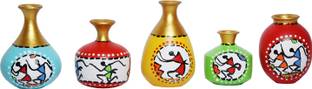 akarveercrafts Terracotta 5 Miniature Small Size Warli Painting Pots Home & Office Decorative Decorative Showpiece  -  3.5 cm