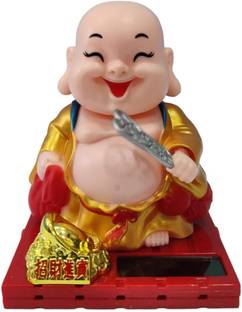 Zykaar Solar Laughing Buddha Waving Fan with Moving Head and Holding Ingot Decorative Showpiece  -  11.5 cm