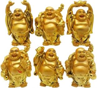 Gift Decor Shop buddha feng shui laughing buddha 6 pieces set laughing buddha for money and wealth for home / Office -laughing buddha set of 6 ( Golden, 5 Inch ) Decorative Showpiece  -  5 cm