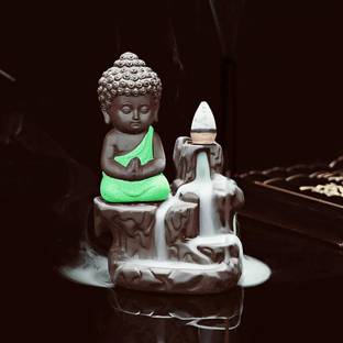 BZILO Green Polyresin Smoke Buddha Backflow Cone Incense Holder with 10 Cone Decorative Showpiece  -  8 cm