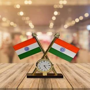 Vedeek Collections Indian Flag with Quartz Watch for Car Dashboard, Office Table, Study Room Decorative Showpiece  -  11 cm