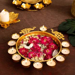 DecorTwist Peacock Design Metal Urli Bowl Urali for Floating Flower Decoration Uruli Decorative Showpiece  -  6.4 cm