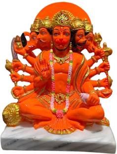 krishnagallery1 ORANGE Panchmukhi Hanuman Ji Statue Murti Marble Finish , Hanuman Idol , Ram darbar Hanuman , Panchmukhi Hanuman ( For Car Dashbord , Home Temple , Office Temple , Gifted use ) Decorative Showpiece  -  18 cm