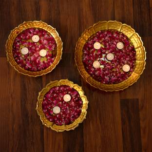 DecorTwist Set of 3 Lotus Metal Urli Bowl for Floating Flower Uruli for Home Office Decor Decorative Showpiece  -  7 cm