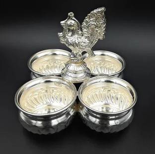G K Exclusive German Silver 4 Cups Panchwala Or Haldi Kumkum Holder for Puja and Gift Purpose Decorative Showpiece  -  12 cm