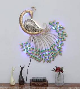MAHIARTNCRAFTS Gold green muzaik peacock led Decorative Showpiece  -  76 cm
