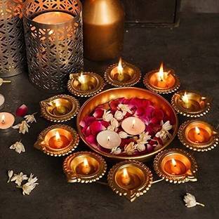aasha brass collections Decorative Urli Bowl Handcrafted Round Diya Shape Candles Bowl 12 inches Decorative Showpiece  -  30.4 cm