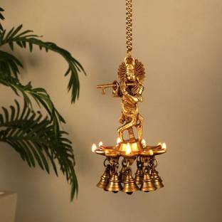 Mla’s Decor Brass Krishna Roof Hanging Diya Oil Lamp with Antique Bell with Long Metal Hook Decorative Showpiece  -  23 cm