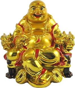 Saubhagya Global On Chair With Ingot And Money Coin Laughing Buddha For Health, Wealth & Prosperity Decorative Showpiece  -  8 cm