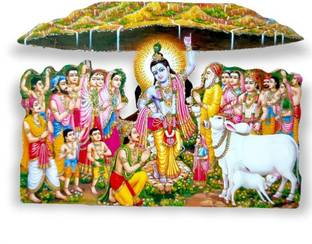 Firmus MDF Govardhan Parvat Jhaki Leela Set/Krishna Leela with Gawal Set (5X7 INCH) Decorative Showpiece  -  21 cm