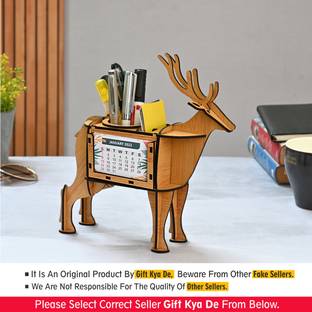 GIFT KYA DE 1 Compartments Wooden Deer Showpiece & Desk Organizer With Desk Calendar And Table Clock (Bamboo)