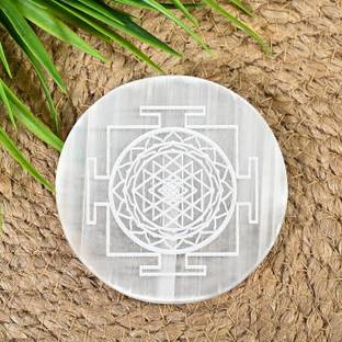Spiry Selenite Crystal Charging Plate (3 INCH)Engraved Sri Yantra Decorative Showpiece  -  8 cm