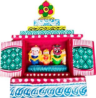 Craft World Lord Jagannath Temple hand crafted in wood ,and 3 idols placed in the temple. Decorative Showpiece  -  18 cm