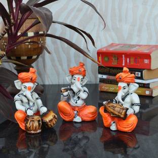 eCraftIndia Set Of 3 Ganesha Playing Musical Instruments Decorative Showpiece  -  12.7 cm