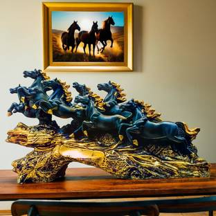 Vihaan Creation Marble 7 Running Horse Statue, Black Horses on Golden Wave Base, 45 cm Decorative Showpiece  -  25 cm