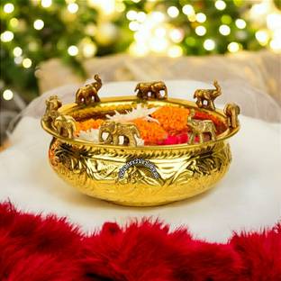Asha Enchant Decor Embossed Elephant Design Decorative Urli Bowl Showpiece Festive Decoration Decorative Showpiece  -  10 cm