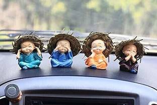 TIED RIBBONS Set of 4 Miniature Baby Buddha Monk Statue Car Dashboard Accessories Decorative Showpiece  -  7 cm