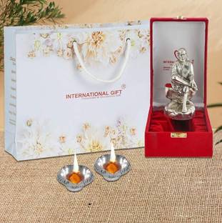 INTERNATIONAL GIFT Silver Plated Sai Baba Idol Murti with 2 Diya | Box & Bag | For Pooja Decorative Showpiece  -  21 cm