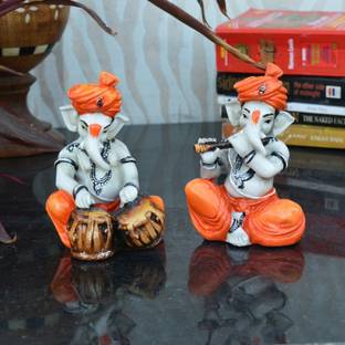 eCraftIndia Set of 2 Ganesha Playing Tabla and Flute Decorative Showpiece  -  7.62 cm