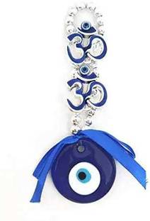 Saanwara Creations Two OM Evil Eye Wall Hanging Made By Glass And Matels In Blue Color for Good Luck Prosperity Success Health Wealth Office Home Decor & Car(Length - 16 cm ) Decorative Showpiece  -  16 cm