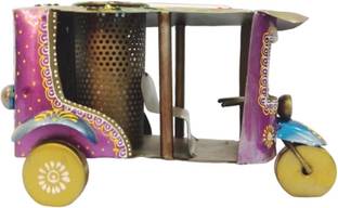 Vandana Collection Auto Rickshaw Pen & Utility Holder, Metal, Purple and Yellow, Traditional Design Decorative Showpiece  -  15 cm