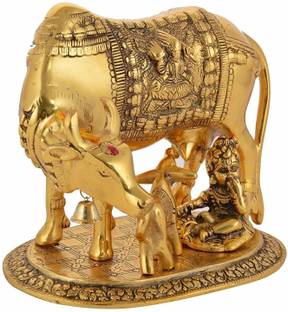 Arik Krishna's Kamdhenu Cow with Calf and Krishna Brass Like Metal Showpiece for Home Decor and Decorative Gift Item Gold Big 20cm Decorative Showpiece  -  10 cm