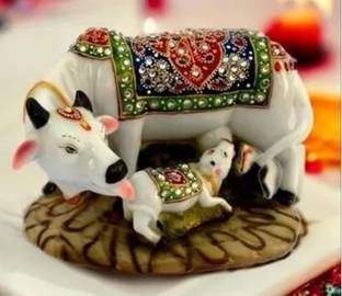 Jiya Crafts Decorative Marble Cow and Calf Big Statue I Good Luck Gift Items Decorative Showpiece  -  13 cm