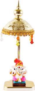 jagriti enterprise marble ganpati idol with gold plate umbrella for car and home decor Decorative Showpiece  -  20 cm