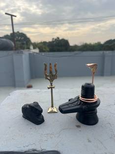 Gupangam Shiv Pooja Set with Stand Trishul and Black Stone Nandi shivling, Copper naag Decorative Showpiece  -  7 cm