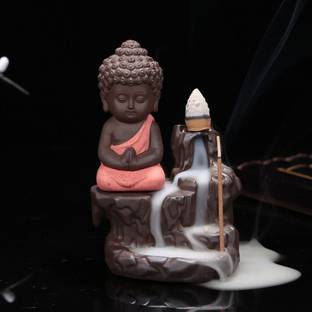 eCraftIndia Monk Buddha Statue Smoke Backflow Cone Incense Holder With 10 Cone Incenses Decorative Showpiece  -  12 cm