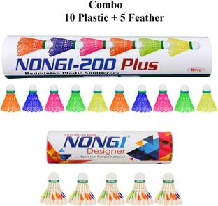 Nongi Badminton shuttle (D6 & 200plus) combo pack of 15 Feather & Plastic Shuttle  - Multicolor