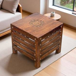 MANNATCRAFT Wooden Square Small Table Stool with Engraved Carved Design, 30 cm Solid Wood Side Table