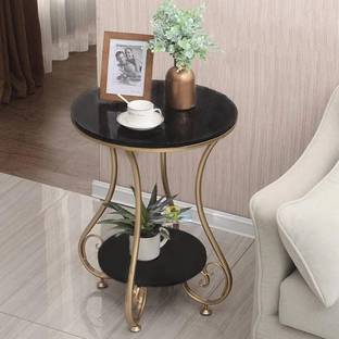 Rahat Handicraft Round Side Table Gold Metal Frame, 2 Tier Coffee Table For Living Room Bedroom Metal Bedside Table