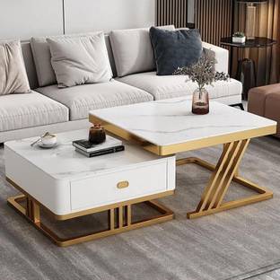 Aaliya mart Modern Dual-Layer Coffee Table with Drawer | Stylish Marble Finish Center Table Engineered Wood Coffee Table