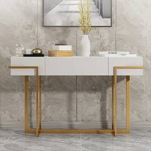 KDINTERIORS Modern White Console Table with Drawer Gold Metal Frame Engineered Wood Console Table