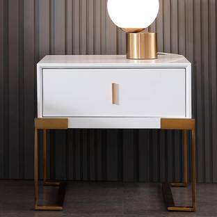 KDINTERIORS White Bedroom Nightstand with Drawer Bedside Table Stainless Steel Base Steel Bedside Table