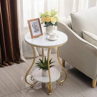 Rahat Handicraft Round Side Table Gold Metal Frame, 2 Tier Coffee Table For Living Room Bedroom Metal Bedside Table
