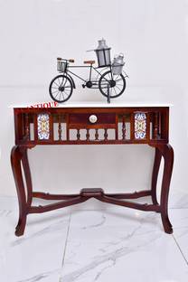 QA Antique Handicraft Solid Teak Wood Antique Look Console Table with Marble Top Solid Wood Console Table