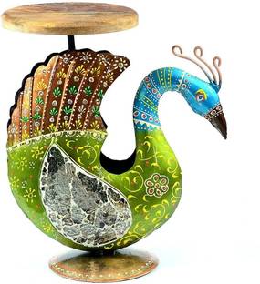 Medieval Arts Metal Handpainted Peacock Shape Showpiece Wooden Top Metal End Table