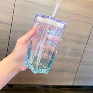 GARIHC ENTERPRISE Star Shaped Glass Juice Tumbler with Lid and Straw 400ML Sipper Mug