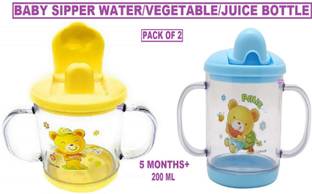 Jingle Kids Pack of 2 Premium Quality Unbreakable Plastic Baby Sippy Bottle/Cup/Mug Water/Juice Training Sipper 200ML With Twin Handles Dust Free For Babies/Infants/New Borns(5 Months+)(Y,B)