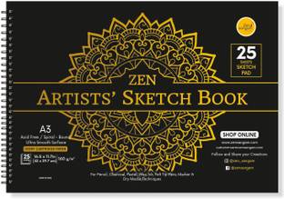 Zen Sangam Express your Mind Artists' A3 Sketch Pad Drawing Notebook (Spiral), 25 Sheets(50 Pages) 42x29.7cm, 150 GSM Acid Free Ivory Cartridge Paper for Pencils,Fineliners,Crayons,OilPastels,Light Watercolour - Gold Sketch Pad