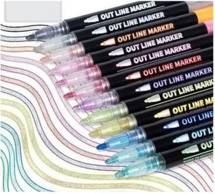 Barbarik 12 pcs Double Line Outline permanent Pen Markers for Art Coloring MULTICOLOR Permanent Nib Sketch Pens
