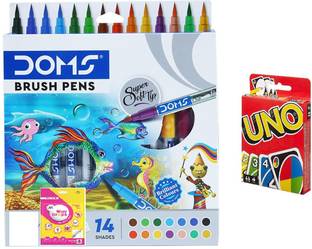DOMS Brush Pen 14 Shade With Glue Drops And Uno Card Brush Nib Sketch Pens