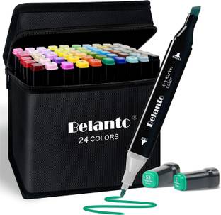 Belanto Dual Tip 24 Color Art Markers With Carrying Case For Kids Adult Painting Drawing Twin Head Chisel & Ultra Fine Permanent Colouring Marker Pens Nib Sketch Pens
