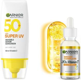 GARNIER SPF 50 PA+++ for UVA/B Invisible Serum Sunscreen for Broad Spectrum with No White Cast + Vitamin C 30x Booster Serum-15ml